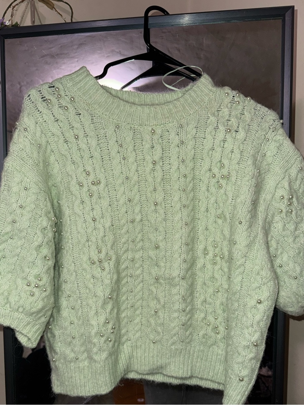 Zara Mint Green Cable Knit Pearl Sweater
